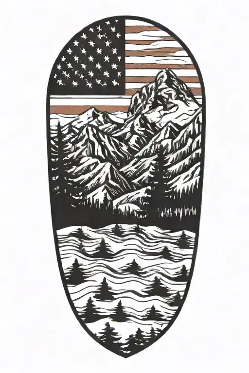 Appalachian mountains with distressed USA flag in background tattoo design idea