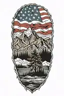 Appalachian mountains with distressed USA flag in background tattoo design idea