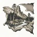 Appalachian mountains with a distressed American flag in the background. Creek with a copper moonshine still tattoo design idea