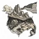 Appalachian mountains with a distressed American flag in the background. Creek with a copper moonshine still tattoo design idea