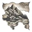 Appalachian mountains with a distressed American flag in the background. Creek with a copper moonshine still tattoo design idea