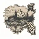 Appalachian mountains with a distressed American flag in the background. Creek with a copper moonshine still tattoo design idea