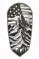 Appalachian mountains with distressed USA flag in background tattoo design idea