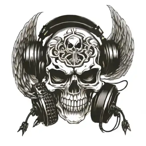 A skull wearing headphones with gaming controllers as crossbones, surrounded by dragon wings tattoo design idea