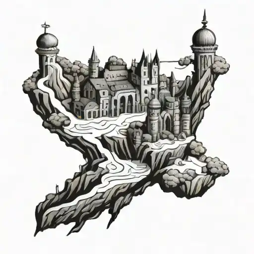 The tattoo features a surreal floating island with a detailed and realistic citadel or fortress at its center. The citad tattoo design idea