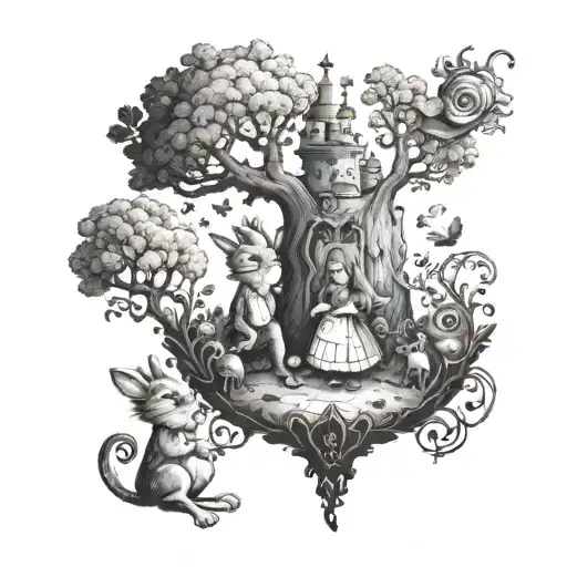 A blackwork tattoo of a whimsical scene from Alice In Wonderland with a subtle nod to the client's love for charity work tattoo design idea