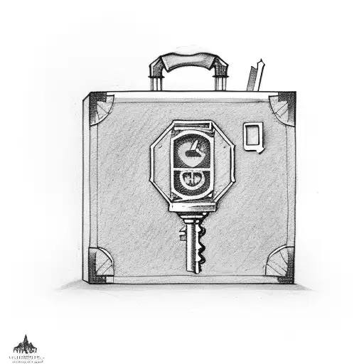 An enigmatic businessman holding a briefcase with a mysterious key in a dark alley tattoo design idea