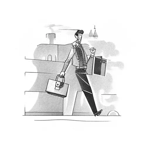 An enigmatic businessman holding a briefcase with a mysterious key in a dark alley tattoo design idea