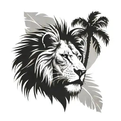 wounded lion head with palm tree in the background tattoo design idea
