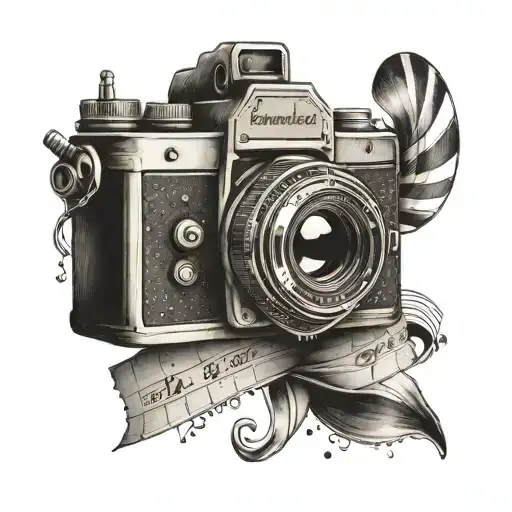 A vintage camera surrounded by music notes and film strips, reflecting your interests in photography, music, and film & tv tattoo design idea