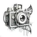 A vintage camera surrounded by music notes and film strips, reflecting your interests in photography, music, and film & tv tattoo design idea