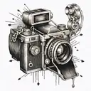 A vintage camera surrounded by music notes and film strips, reflecting your interests in photography, music, and film & tv tattoo design idea
