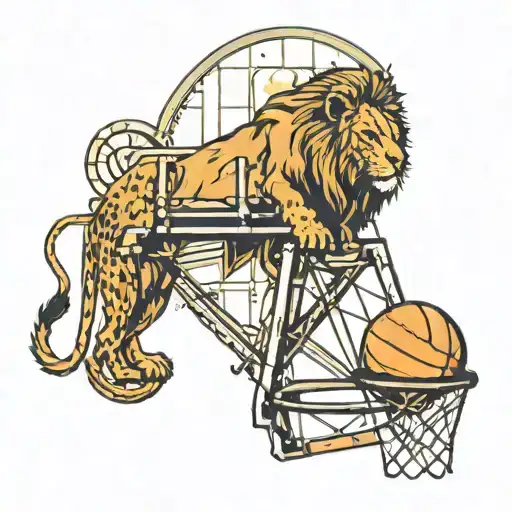 A traditional style tattoo of a basketball hoop made of scientific equipment, with a lion and its cubs watching in fascination tattoo design idea