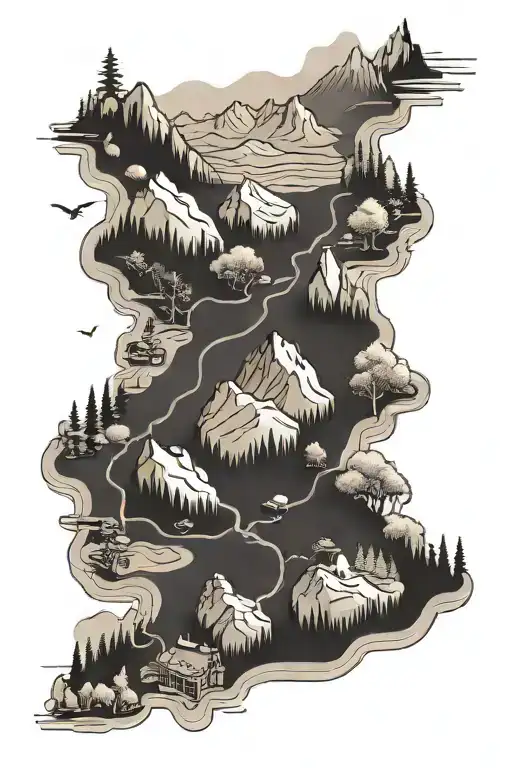 A map of a hiking trail with landmarks along the way tattoo design idea