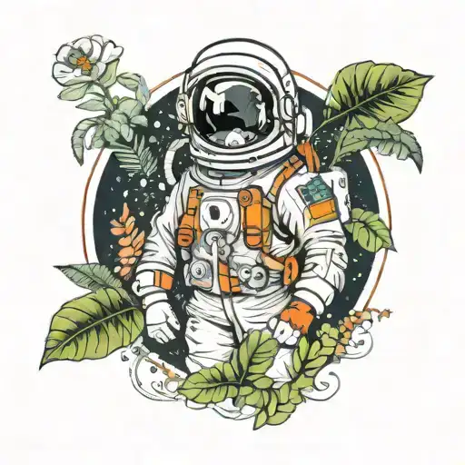 astronaut with cowboy hat and tropical plants intertwined tattoo design idea