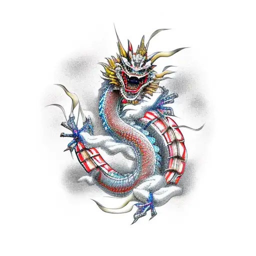 Traditional Japanese dragon entwined with a skeletal Dragoon tattoo design idea