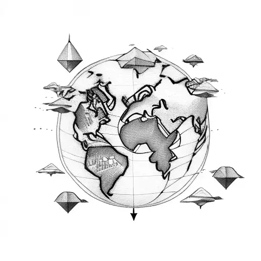 A paper airplane flying over a world map with dotted lines representing travel routes tattoo design idea