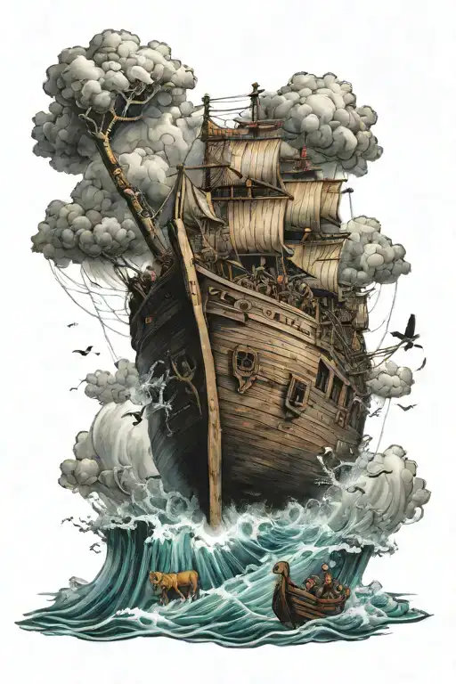 Noah's ark in a storm tattoo design idea