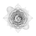 central motif of the Flower of Life surrounded by golden spirals representing the Fibonacci sequence, with pyramids  tattoo design idea