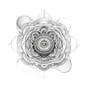 central motif of the Flower of Life surrounded by golden spirals representing the Fibonacci sequence, with pyramids  tattoo design idea