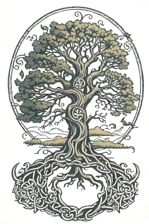 a masculine Norse tree of life tattoo that a dangerous and creative man might have on his arm.  tattoo design idea
