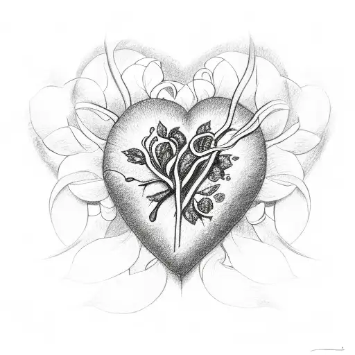 A black and white sketch of a heart intertwined with delicate flower vines tattoo design idea