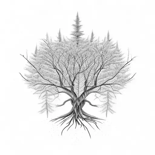 I want a tree with a long root but the foliage like one side is winter other side is like in the summer tattoo design idea