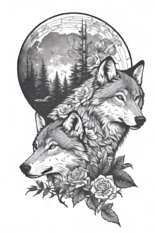 one male Wolf, big dragonfly, forest, roses tattoo design idea