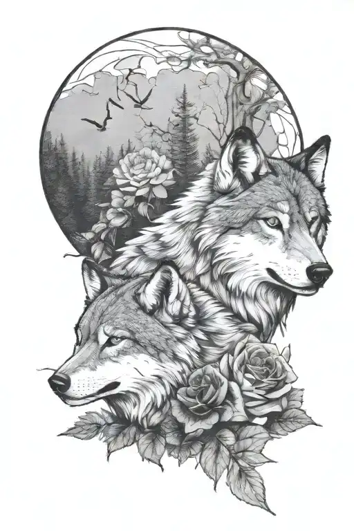 one male Wolf, forest, large dragonfly, roses tattoo design idea