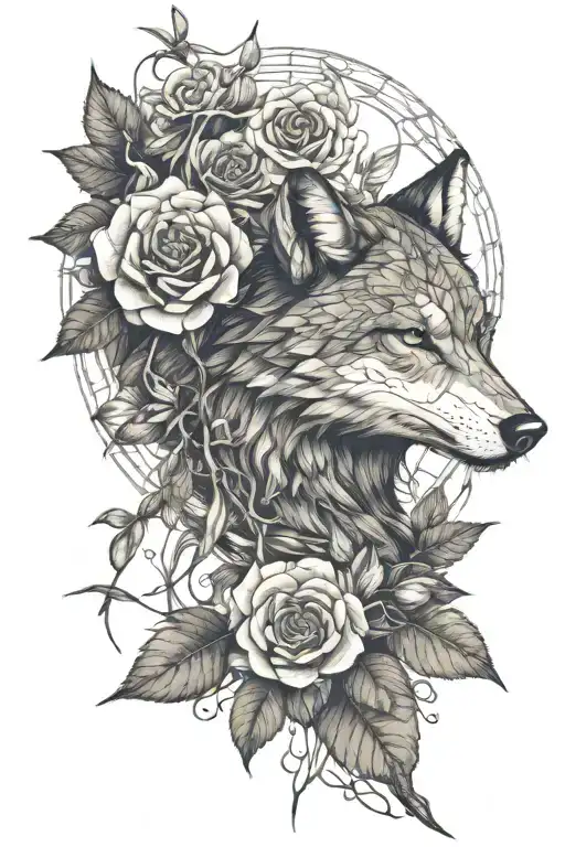 one male Wolf, forest, large dragonfly, roses tattoo design idea