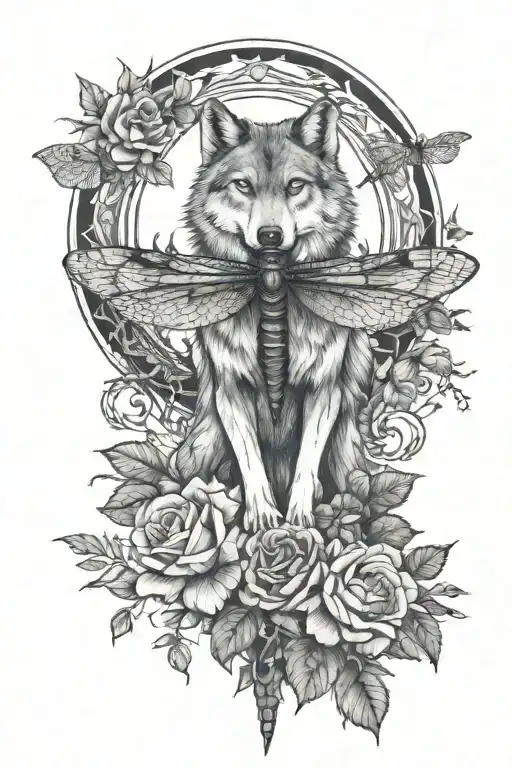 one male Wolf, big dragonfly, forest, roses tattoo design idea