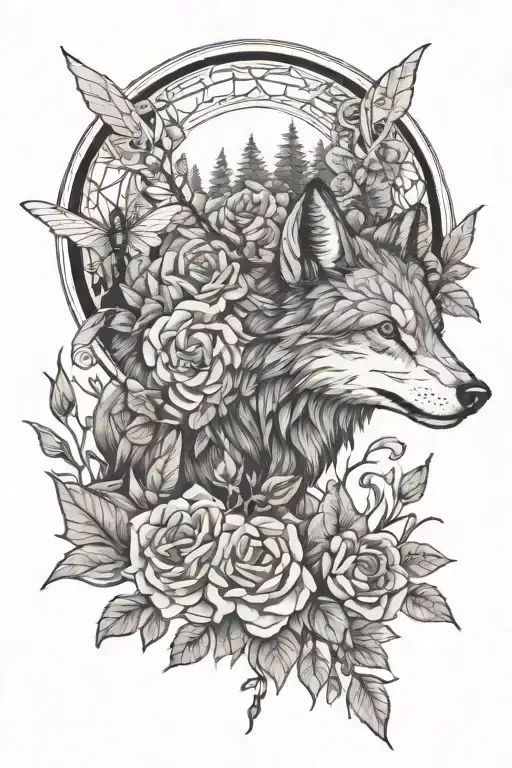 one male Wolf, large dragonfly, forest, roses tattoo design idea