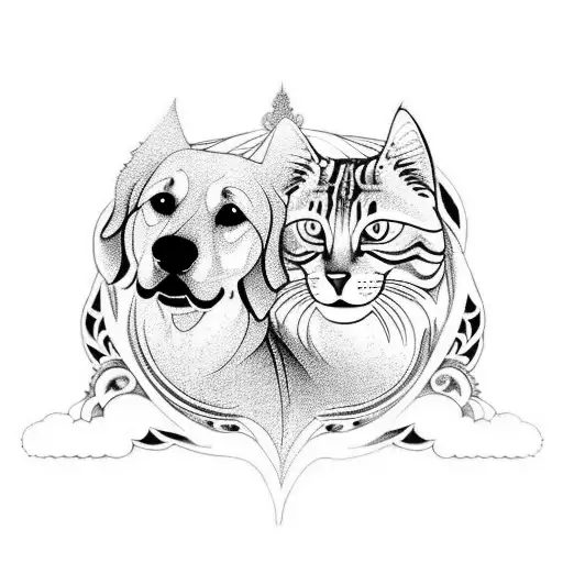 A mesmerizing tattoo of a golden retriever and a tabby cat entwined in a yin and yang symbol, symbolizing the balance between dogs and cats tattoo design idea
