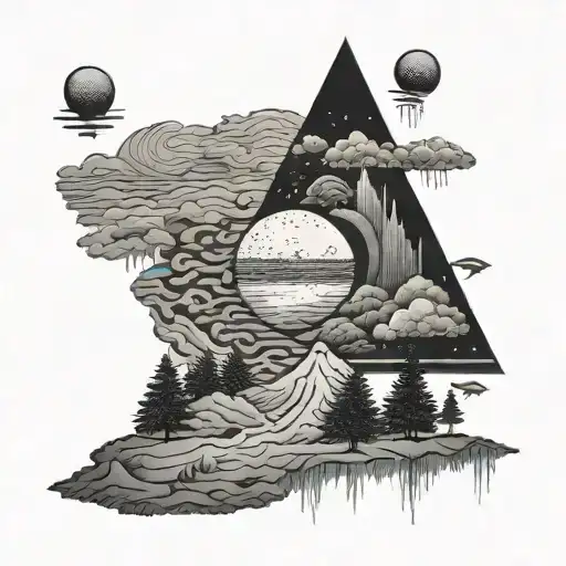 Dark Side of the Moon album cover reimagined as a surreal landscape with hidden musical symbols tattoo design idea