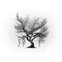 dead tree with lines around the tree and roots below the tree tattoo design idea