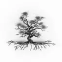 dead tree with lines around the tree and roots below the tree tattoo design idea