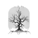 dead tree with lines around the tree and roots below the tree tattoo design idea