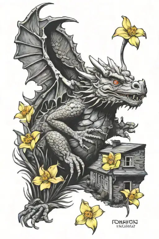 welsh coal miner, welsh dragon, daffodils, colliery, terraced houses tattoo design idea