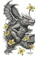 welsh coal miner, welsh dragon, daffodils, colliery, terraced houses tattoo design idea