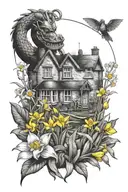 welsh coal miner, welsh dragon, daffodils, colliery, terraced houses tattoo design idea