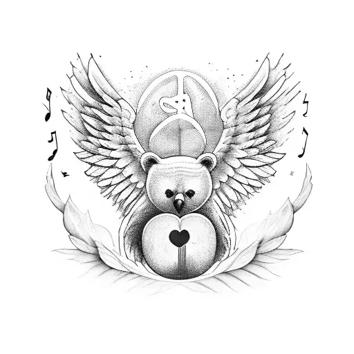 music, angel wings , bear, owl , family , guitar , life , peace , love  tattoo design idea