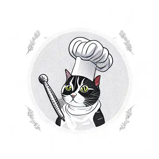 A blackwork tattoo of a cat wearing a chef's hat and holding a rolling pin, surrounded by various baked goods tattoo design idea