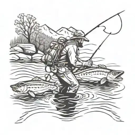 thre fly fisherman fishing in river mountain  tattoo design idea