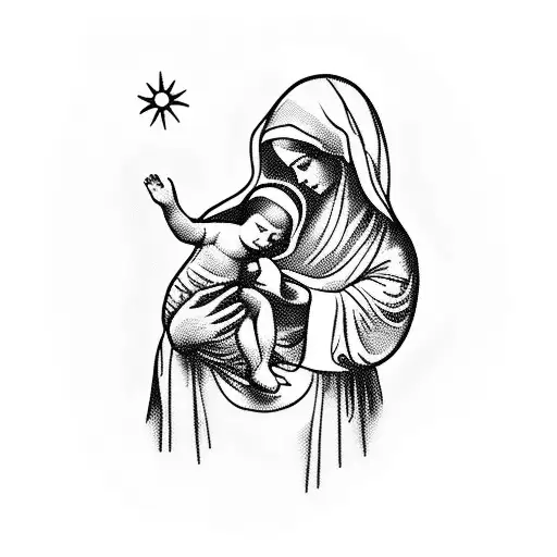 A blackwork tattoo of the Virgin Mary holding baby Jesus tattoo design idea