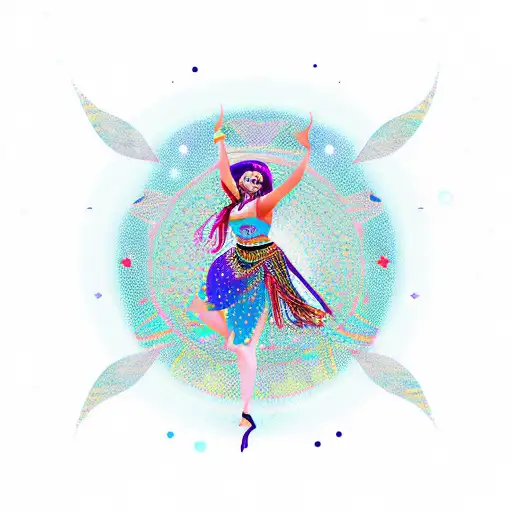 A mystical gypsy dancing under a crescent moon surrounded by twinkling stars and planets tattoo design idea