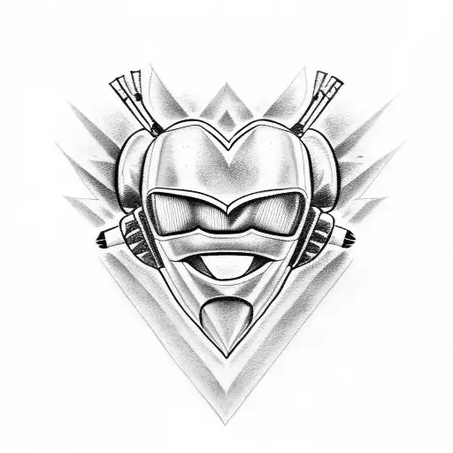 Tattoo of power ranger with a baseball helmet making a heart with his hands and underneath have this phrase "Quédate con tattoo design idea