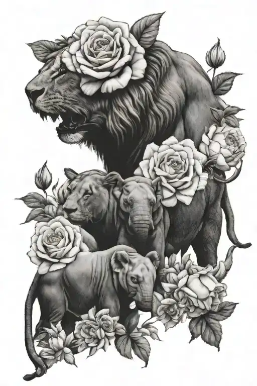 lion, elephant, roses and peonies, black and white  tattoo design idea