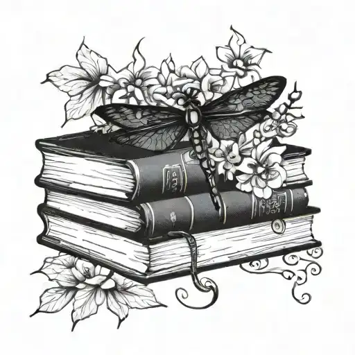 A stack of books with dragonfly wings and flowers growing out of the pages tattoo design idea