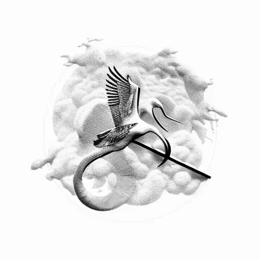 Sculpture-type crane with the phrase "memento mori" engraved on the forehead tattoo design idea