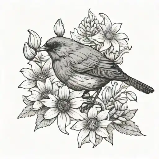 robin with mums, coneflowers, and  tattoo design idea
